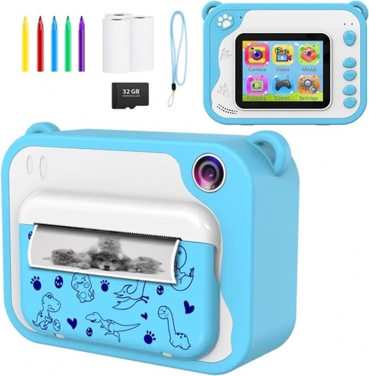   ® - 3 IN 1 Digitale Kindercamera Met Printer + 32GB micro sd kaart - camera voor kinderen | Vlogcamera met Games Spelletjes| Fototoestel voor Kinderen | Met videofunctie - Kinder Camera - Instant Print - Blauwe kleur
